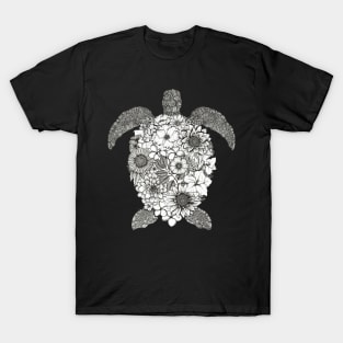 Floral Turtle Black Background T-Shirt